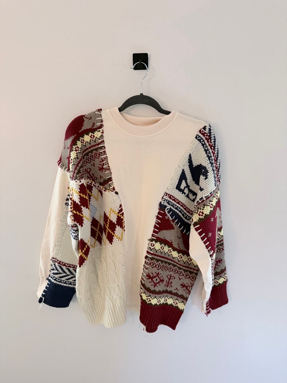 Cozy Cream Patchwork Knit Patterned Mixed Oversized Crewneck-Size L